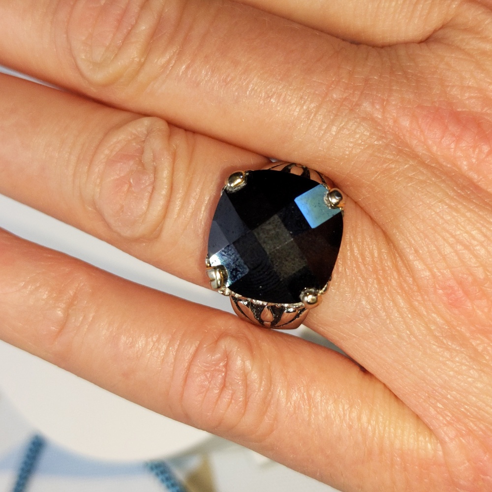 Silver-tone Cocktail Ring W/ Floral Scroll Work, Dark Faceted Square Glass? Gem